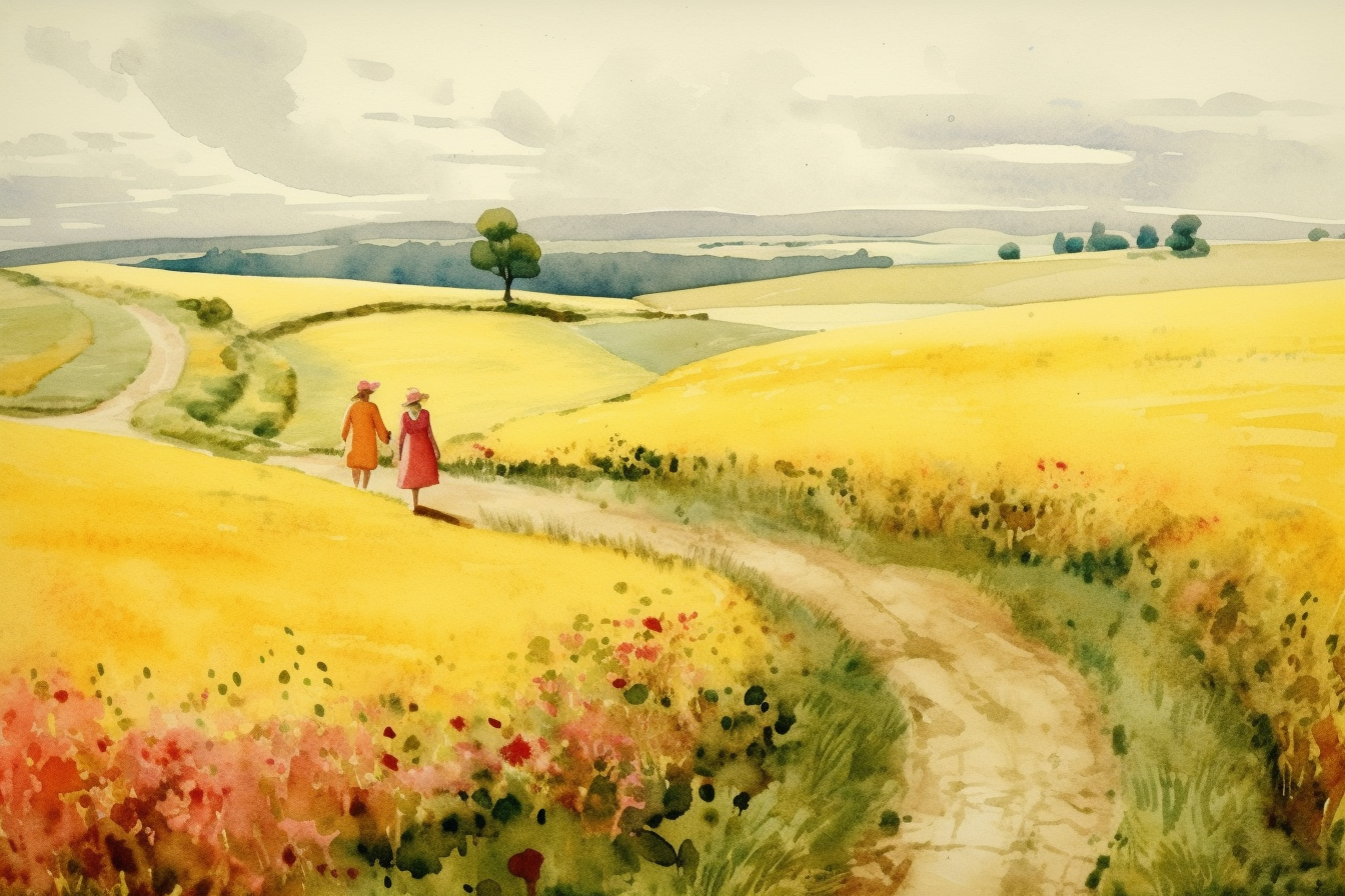 Watercolor illustration of two women in the distance walking on a winding path through a field