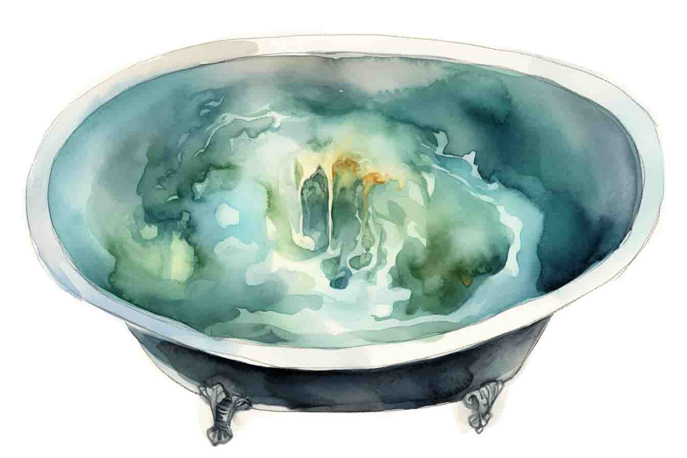 watercolor illustration of a claw foot bathtub filled with water