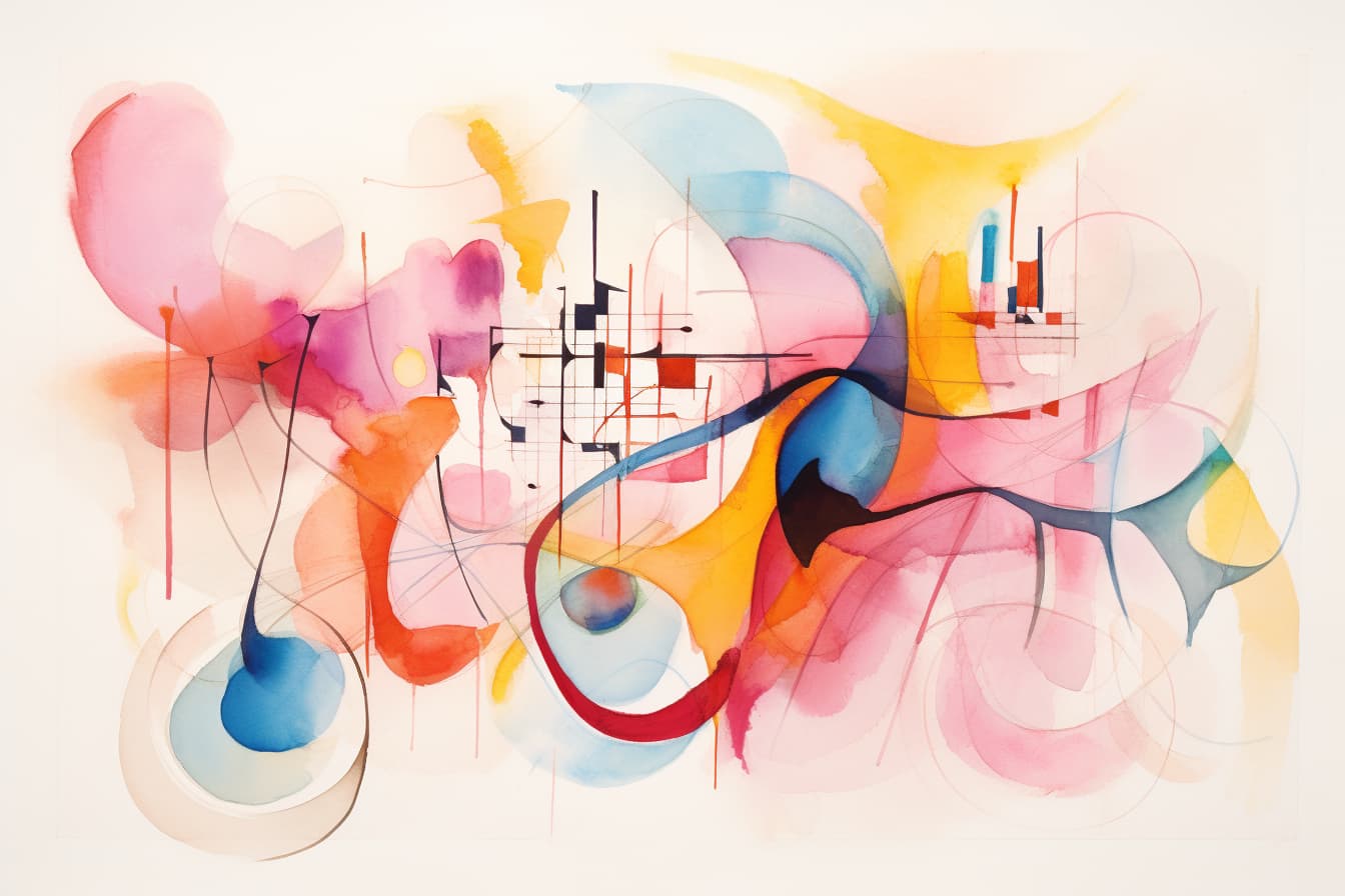 Abstract watercolor illustration of circles, lines, and other shapes