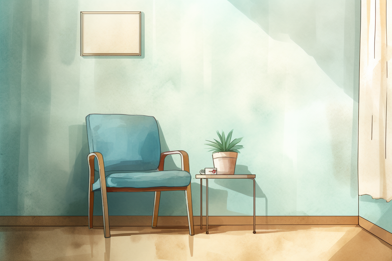 Watercolor illustration of an empty chair in a doctor's office