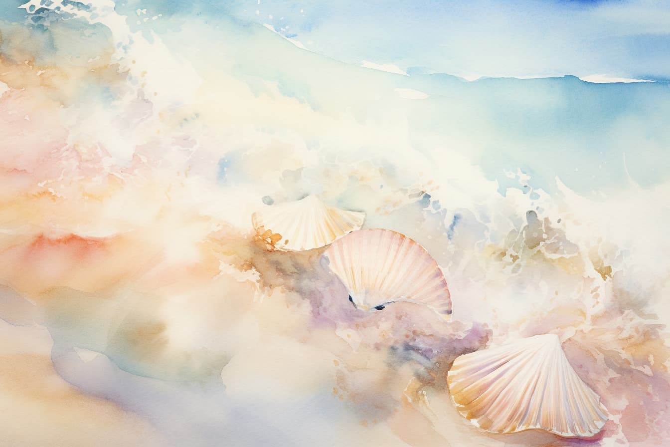 abstract watercolor illustration looking down at the edge of the sea and seeing waves and seashells on the sand