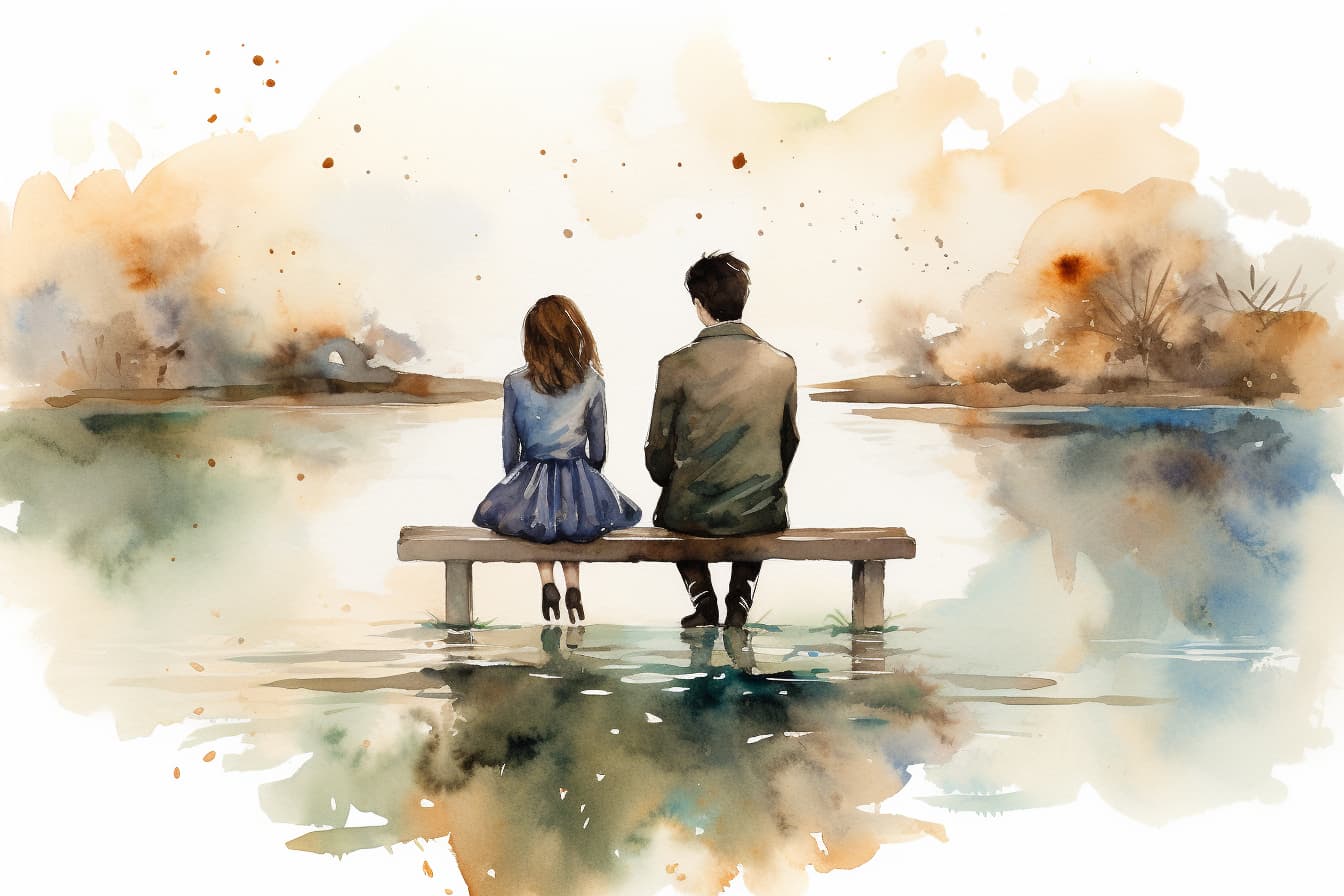 abstract watercolor illustration looking at the backs of a young boy and girl sitting on a bench looking at a pond