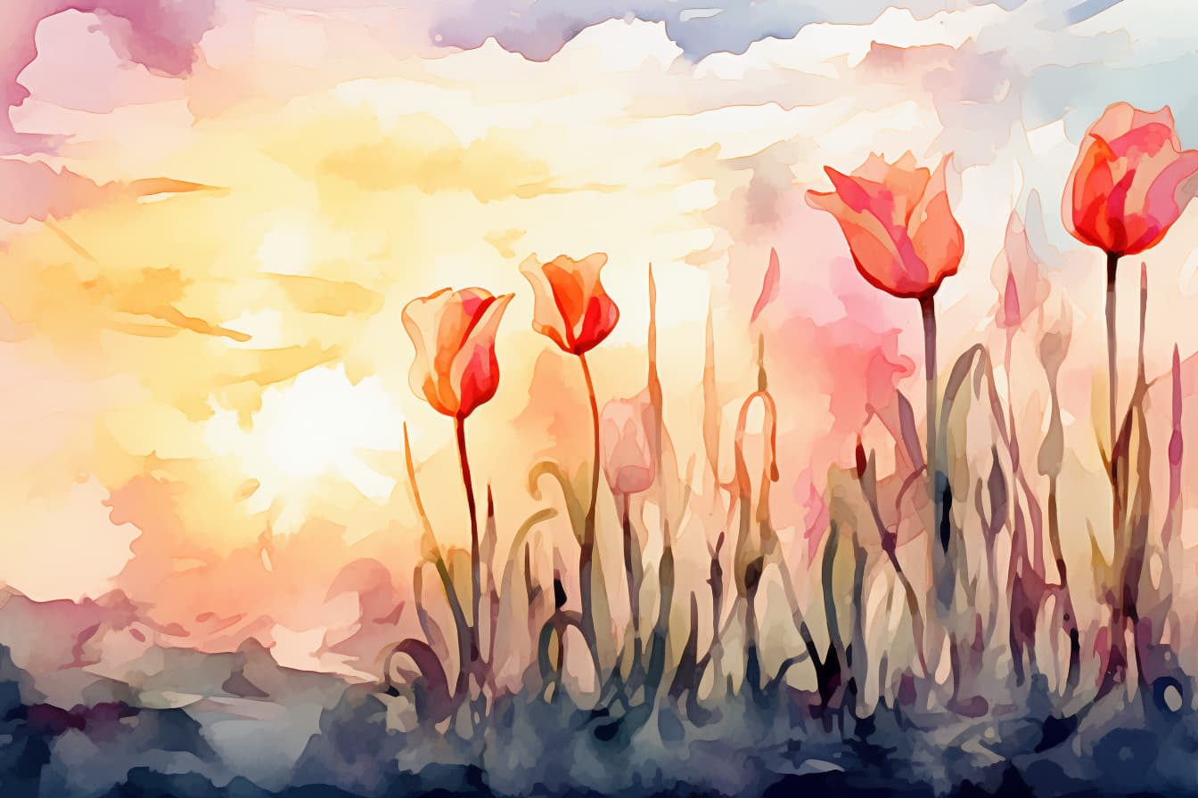 abstract watercolor illustration of dying tulips in a field