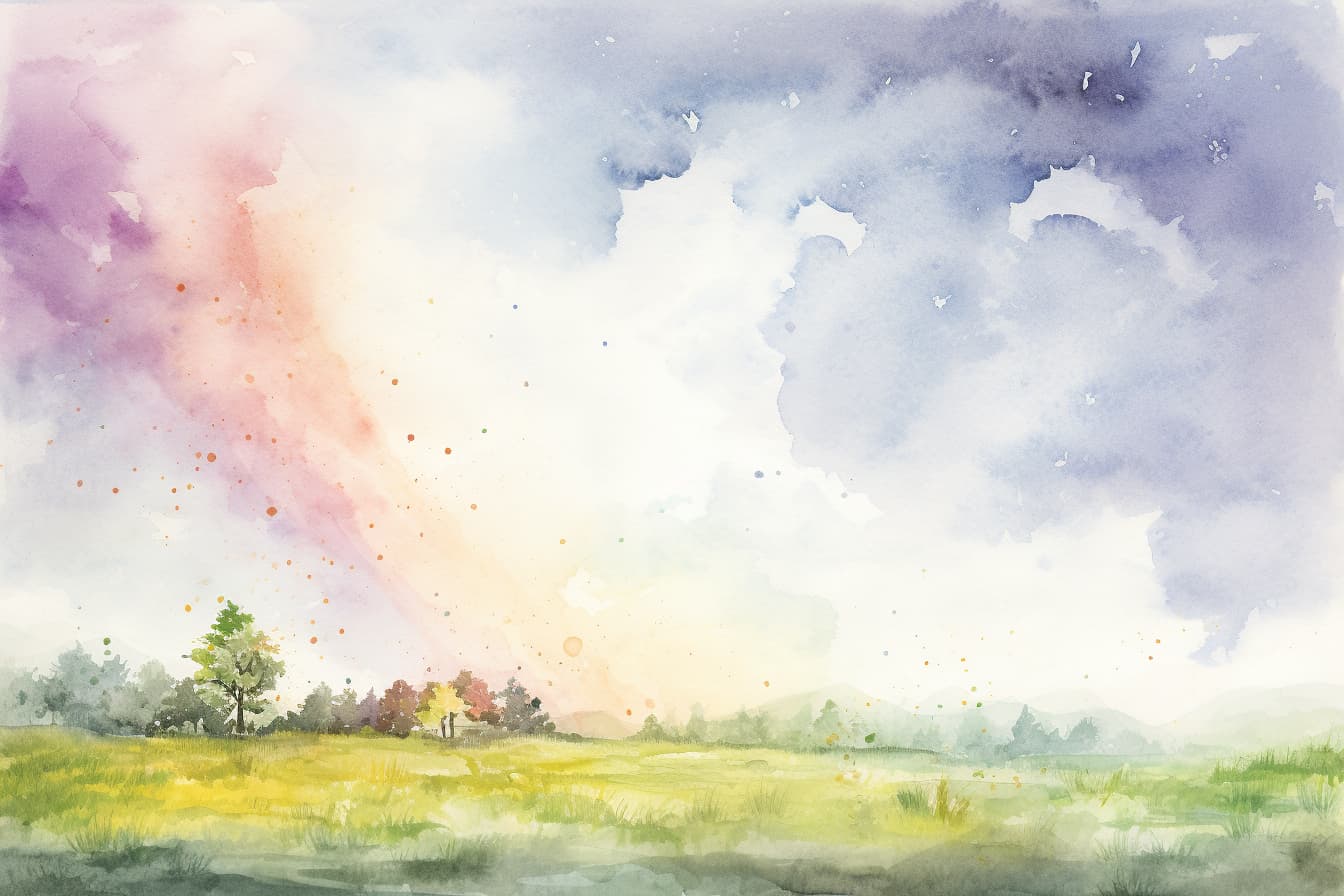 abstract watercolor illustration field. there is a thin rainbow in the background poking through stormy clouds