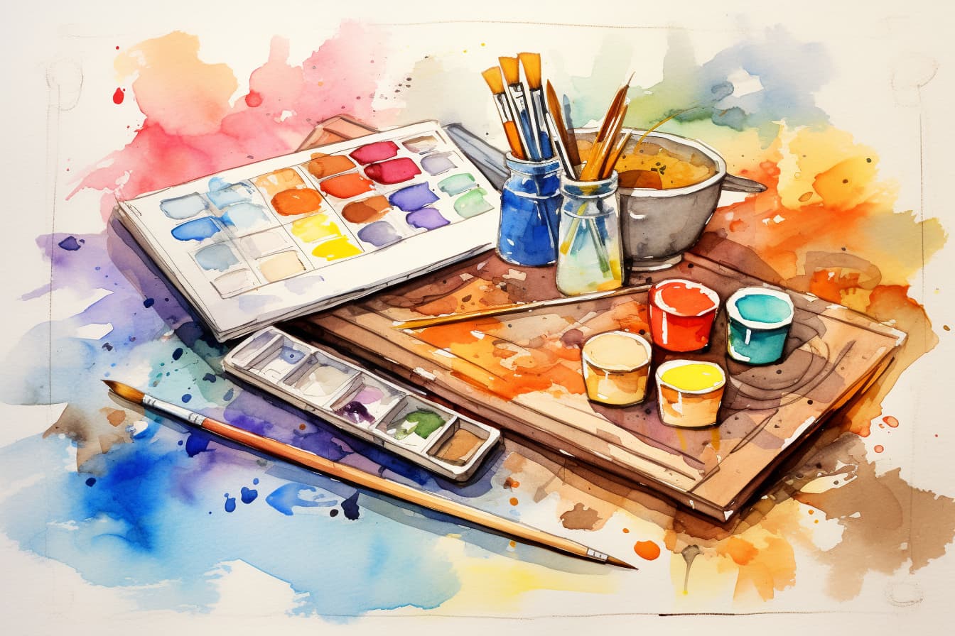 abstract watercolor illustration of a child's art supplies on a table