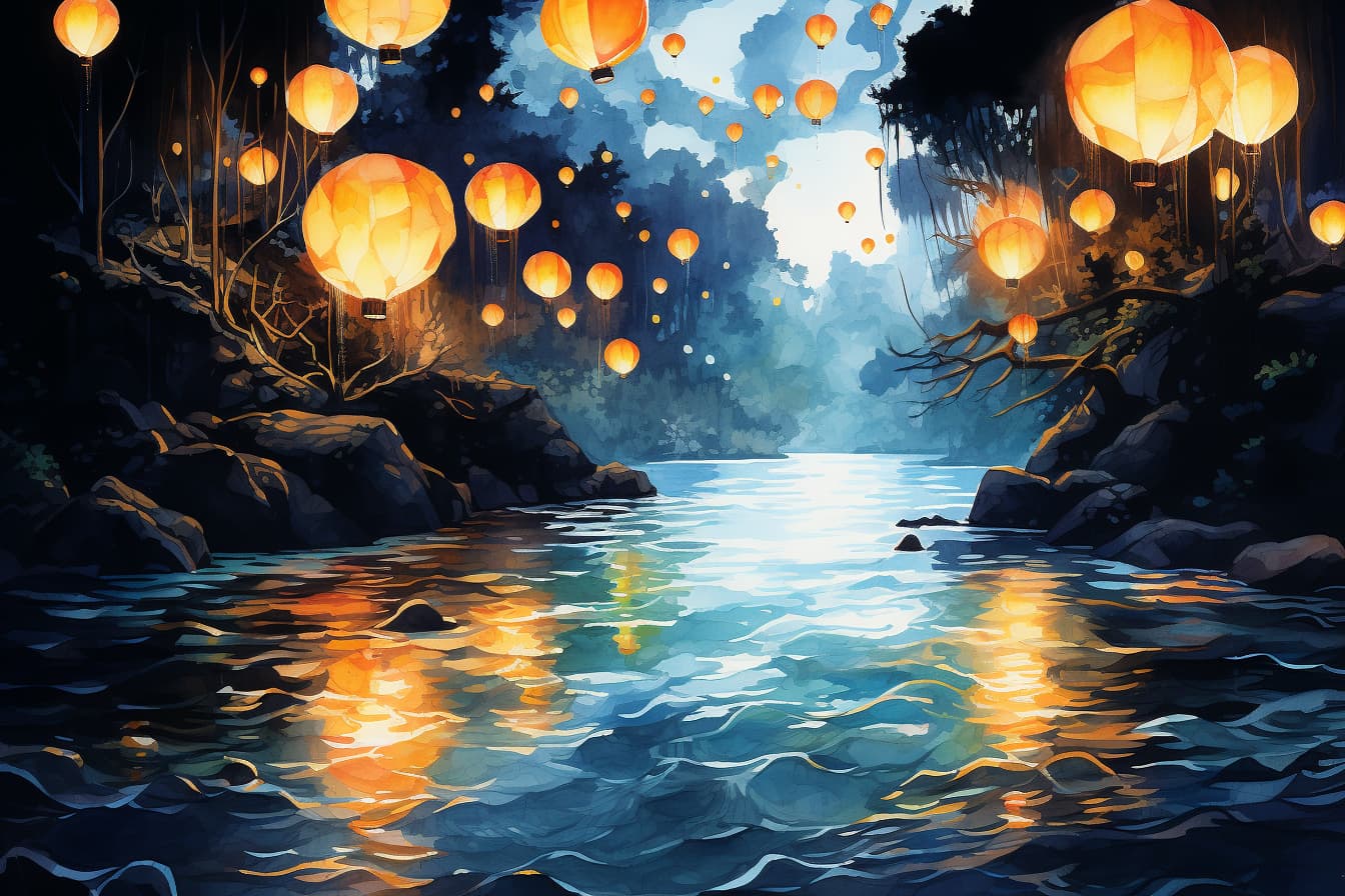 abstract watercolor illustration of a glowing paper lantern flowing down a river at night