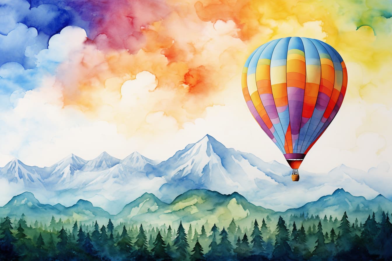 abstract watercolor illustration of a hot air balloon in the distance with mountains in the background