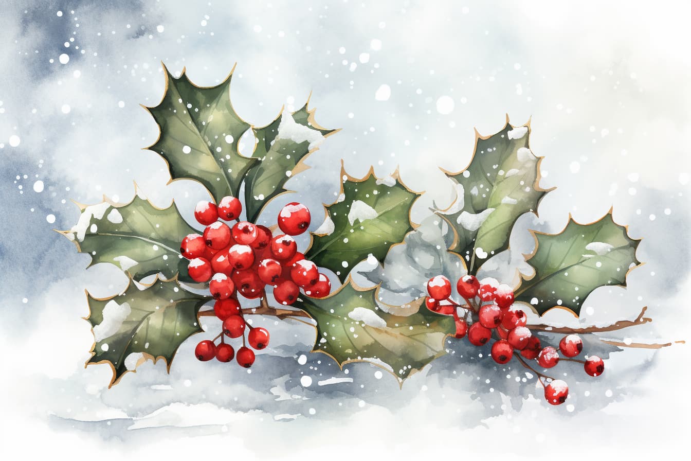 abstract watercolor illustration of christmas holly berries lightly covered in snow