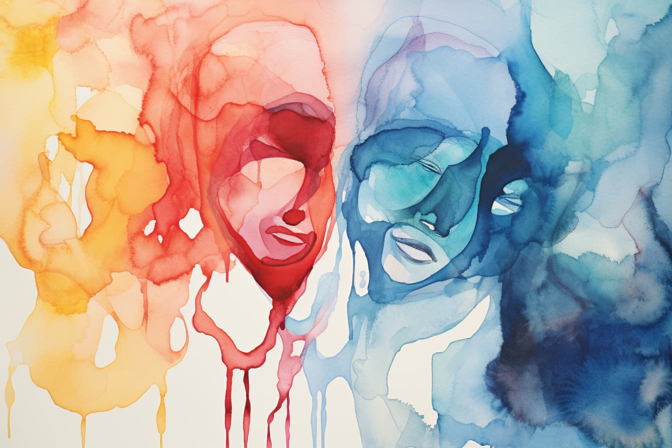 abstract watercolor illustration of two women's faces, dipped in red, blue, and yellow