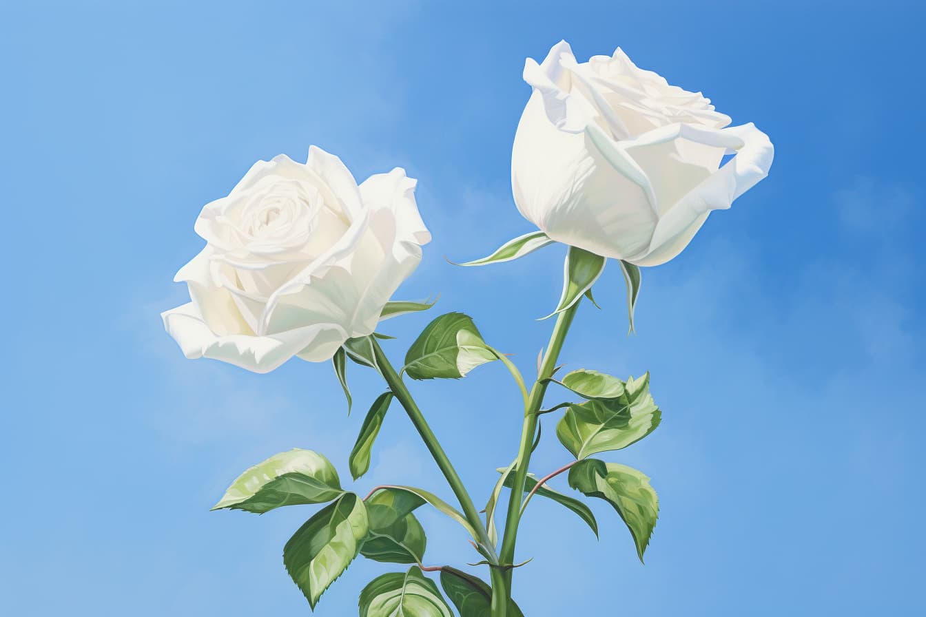 abstract watercolor illustration of two white roses with long green stems against a bright blue sky