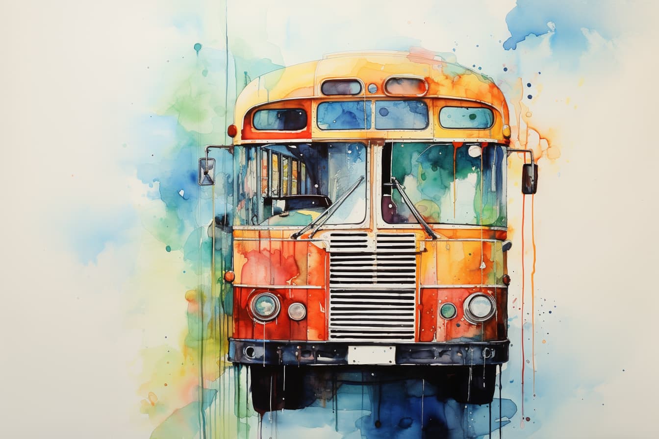abstract watercolor illustration of a school bus