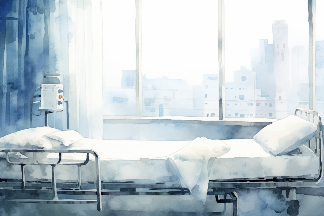an abstract watercolor illustration of a stark and dreary hospital room