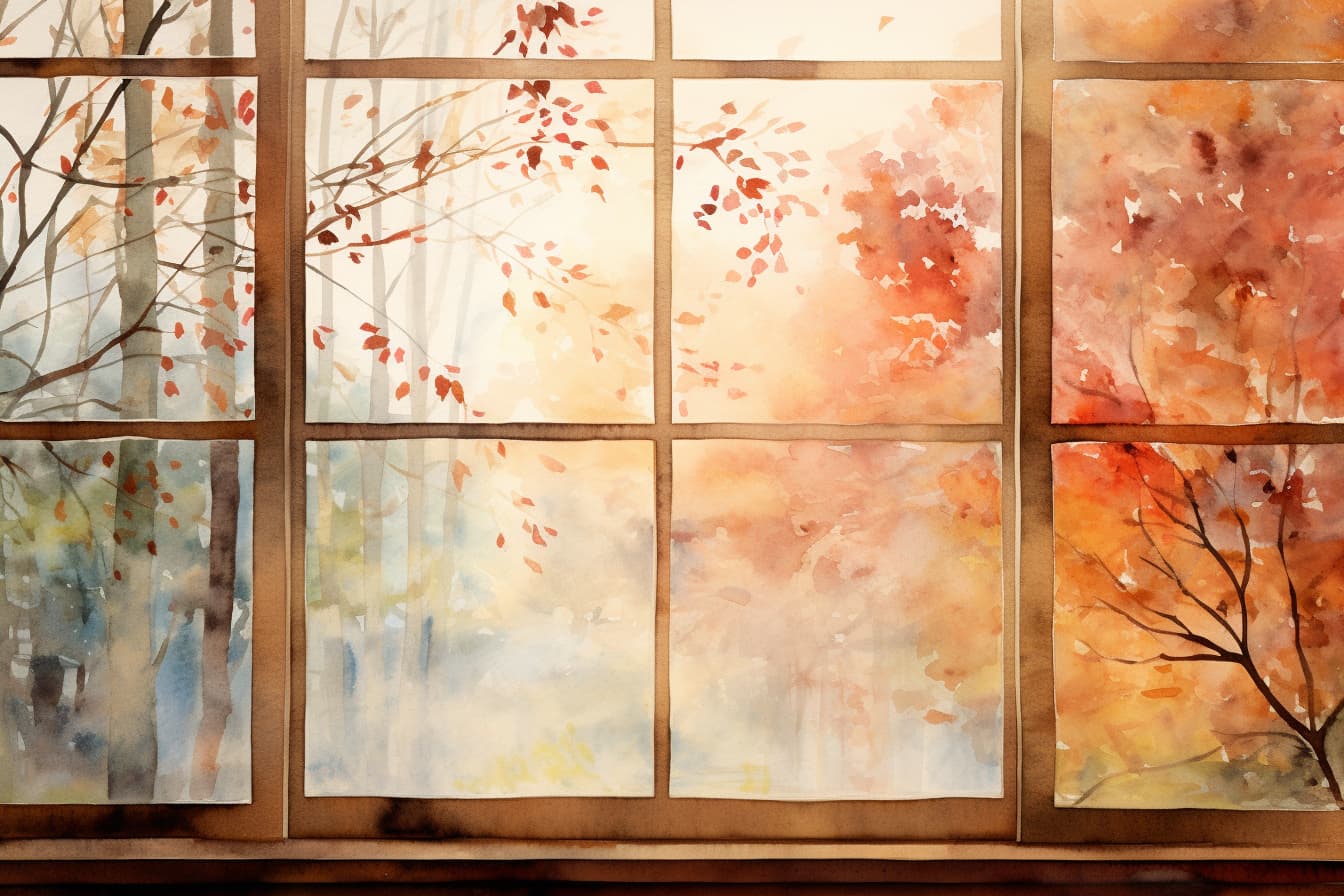 an abstract watercolor illustration of a fall afternoon, seen through a window