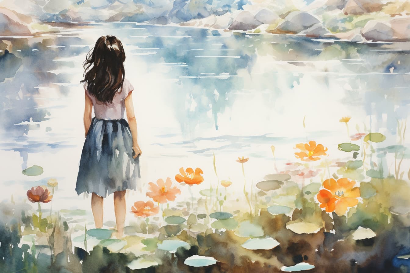 abstract watercolor illustration of a 6 year old girl standing at the edge of a pond