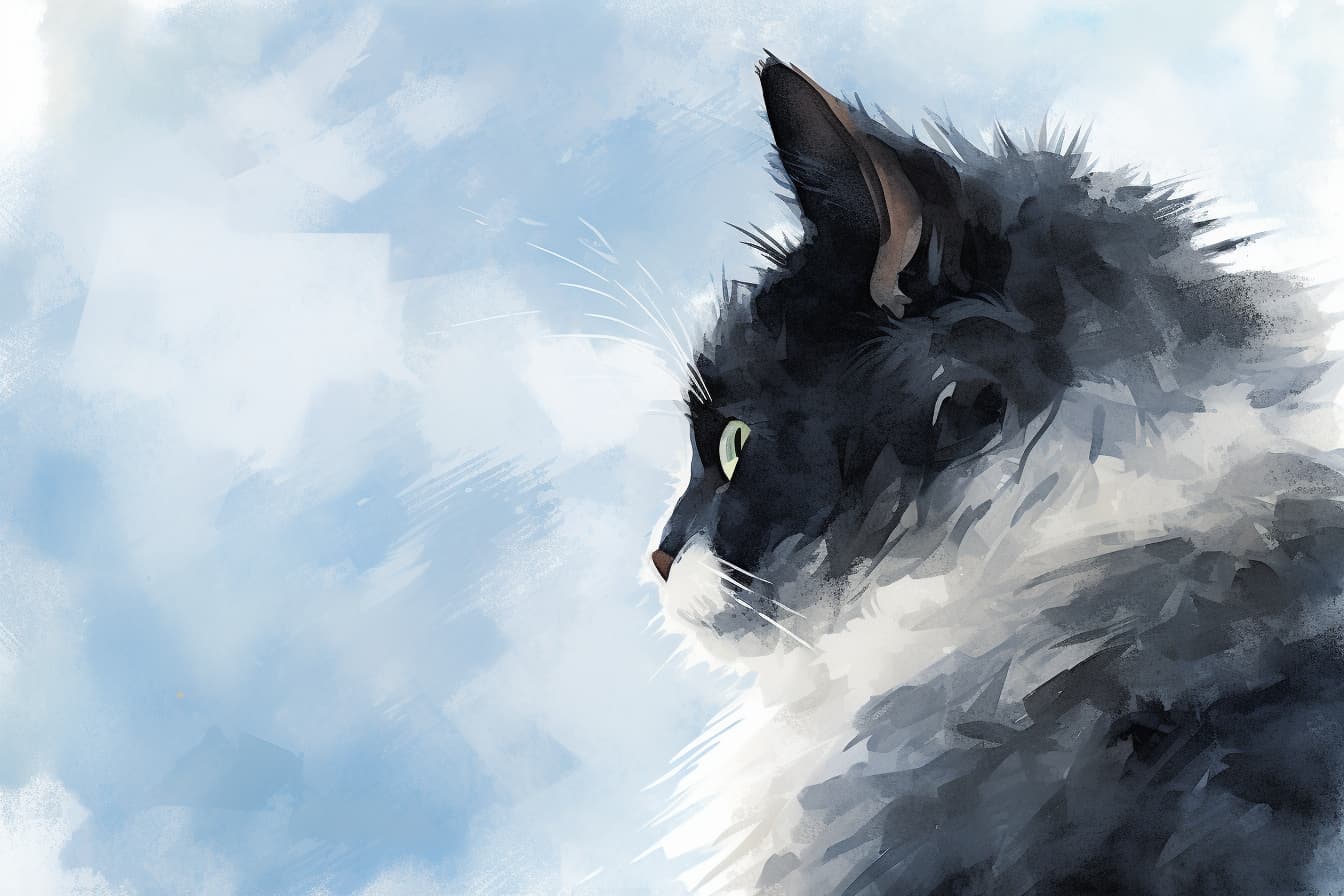 Watercolor illustration of a longhair black-and-white cat