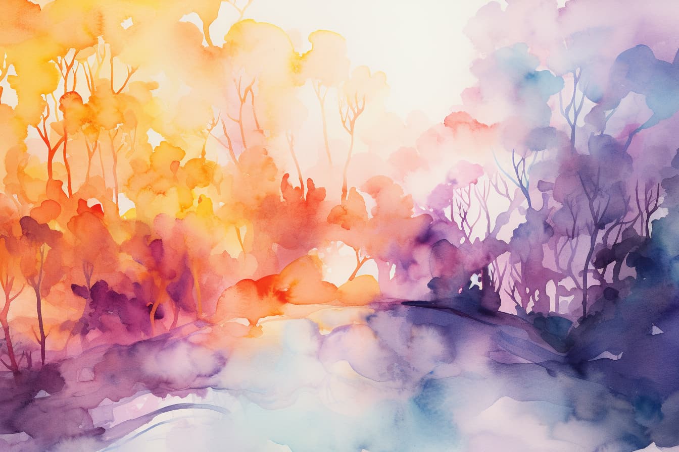 abstract watercolor illustration of multicolored trees