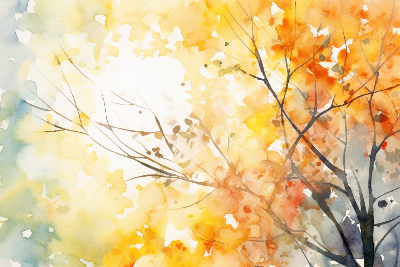 abstract watercolor illustration of the brightest autumn sun peeking through the branches of a tree