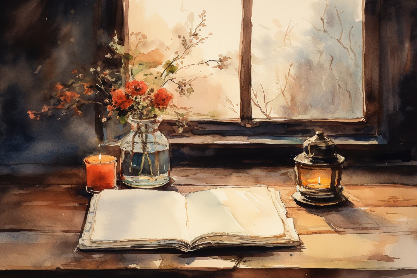 an abstract watercolor illustration of an empty journal sitting on a somber table