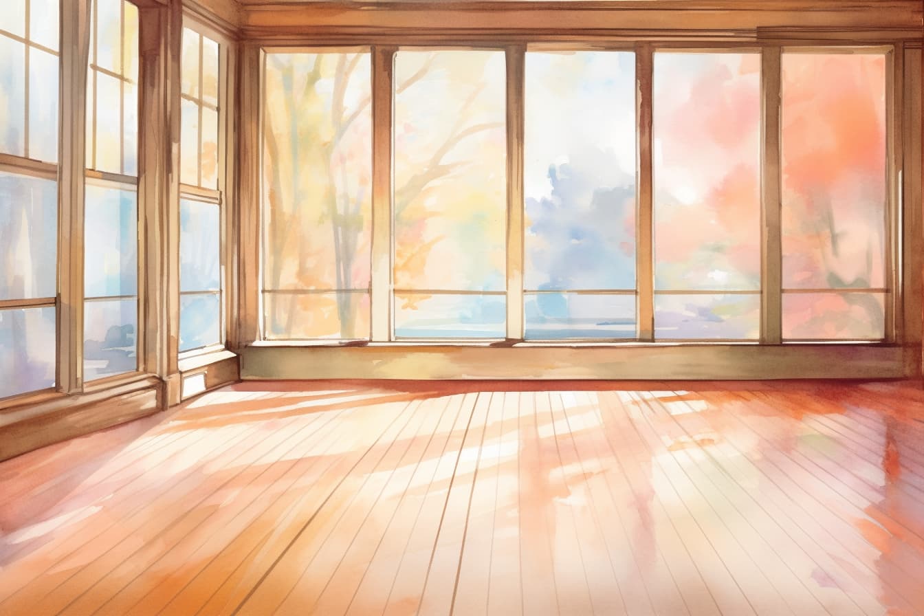 an empty room with wooden floors and large windows