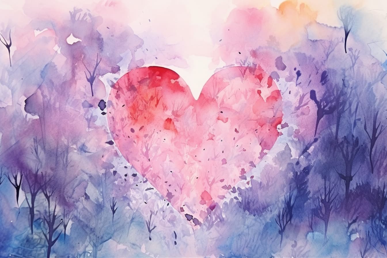 a pink heart surrounded by abstract purple trees