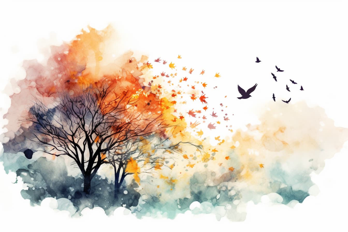 a silhouette of birds flying away from a large tree in the distance