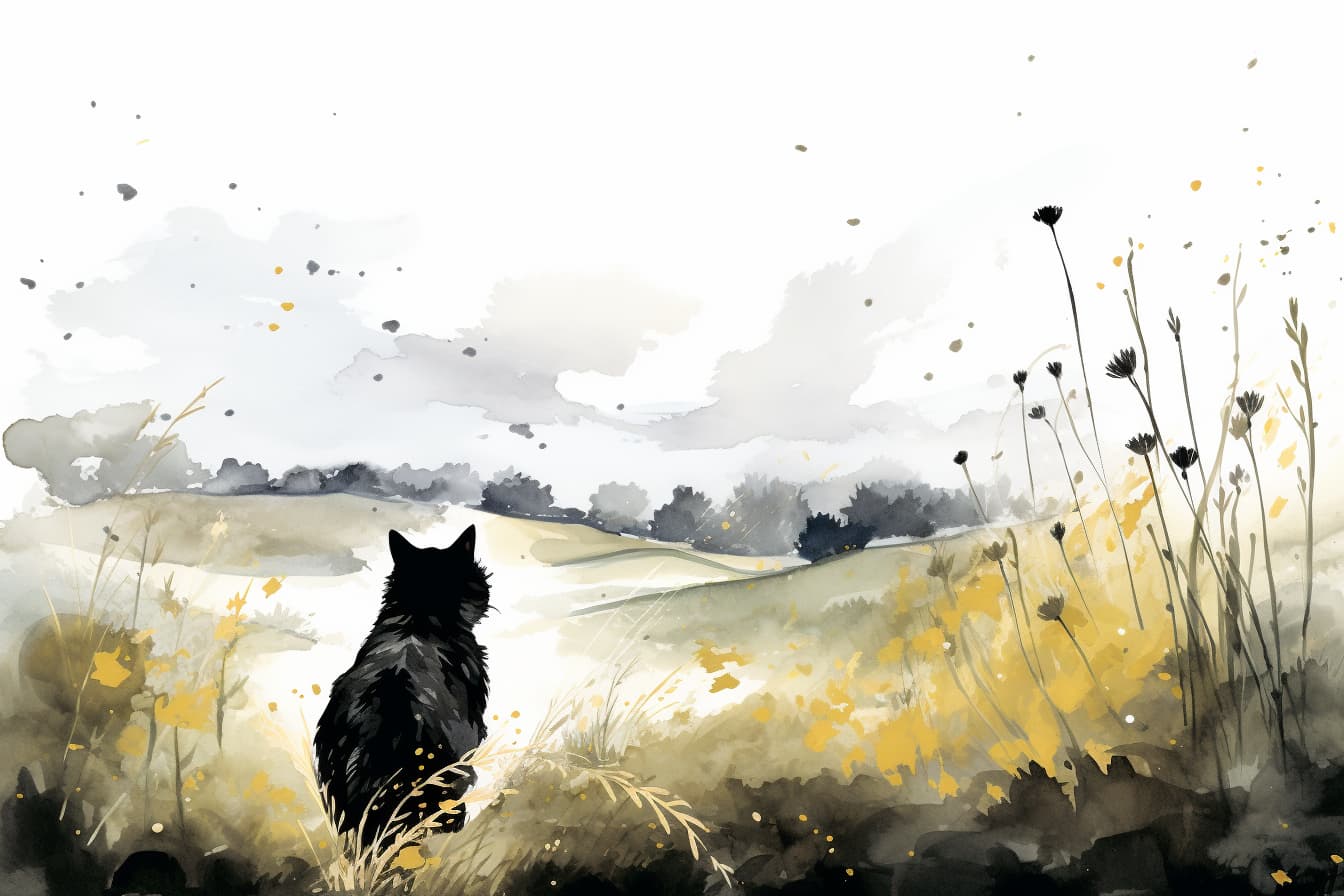abstract watercolor illustration of a black cat in a field