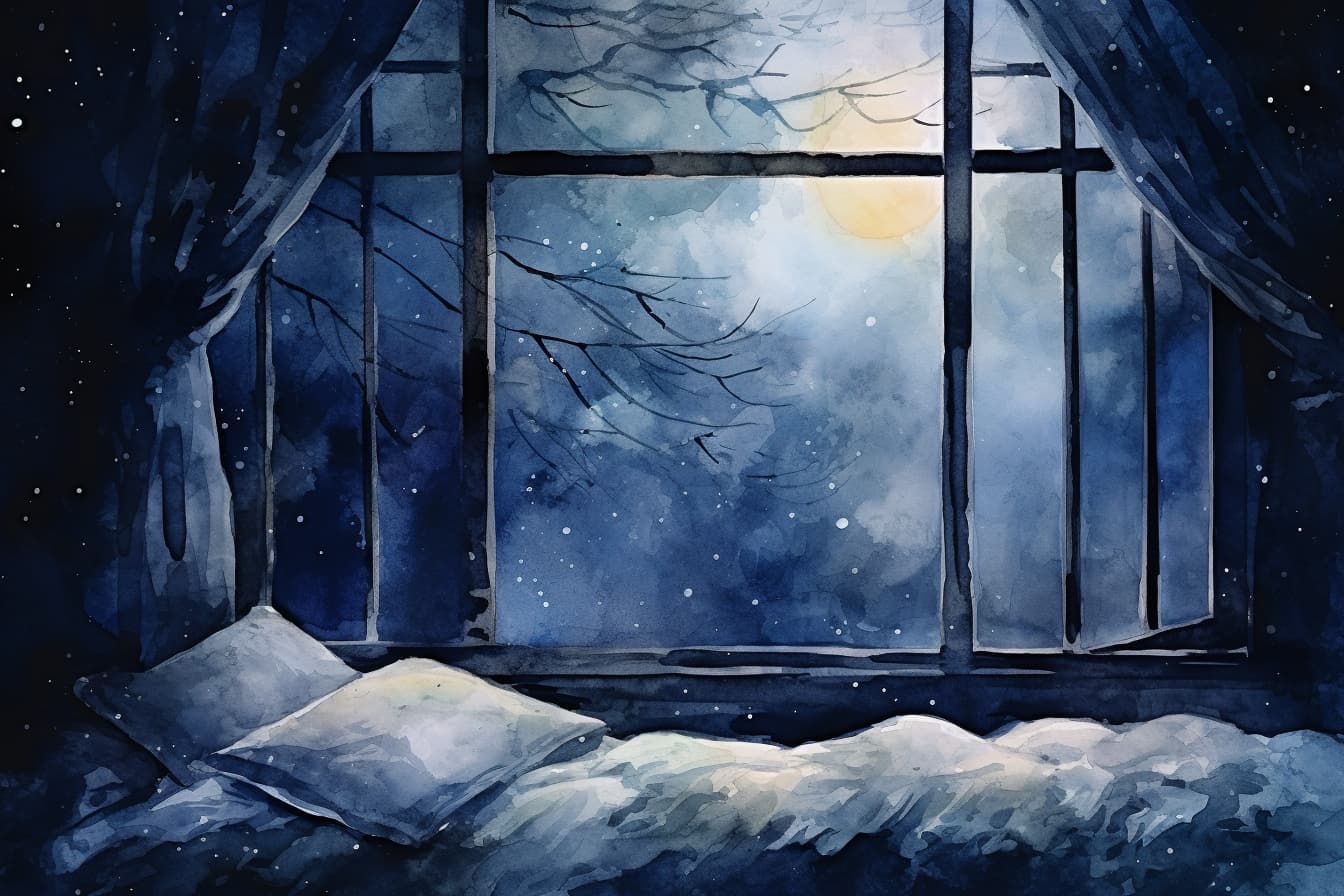 abstract watercolor illustration of a bedroom window at night