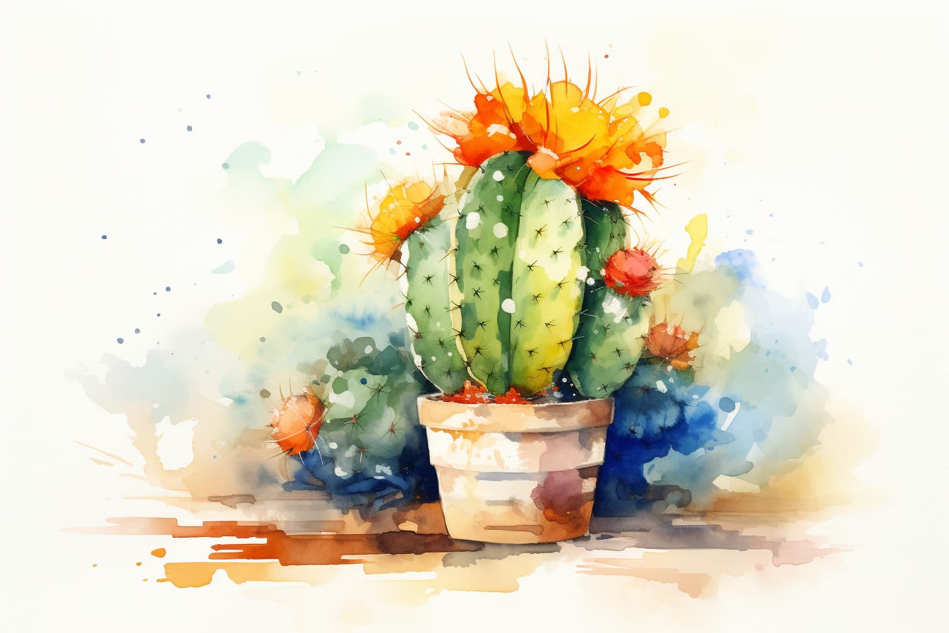 abstract watercolor illustration of a cactus sitting on a wooden table