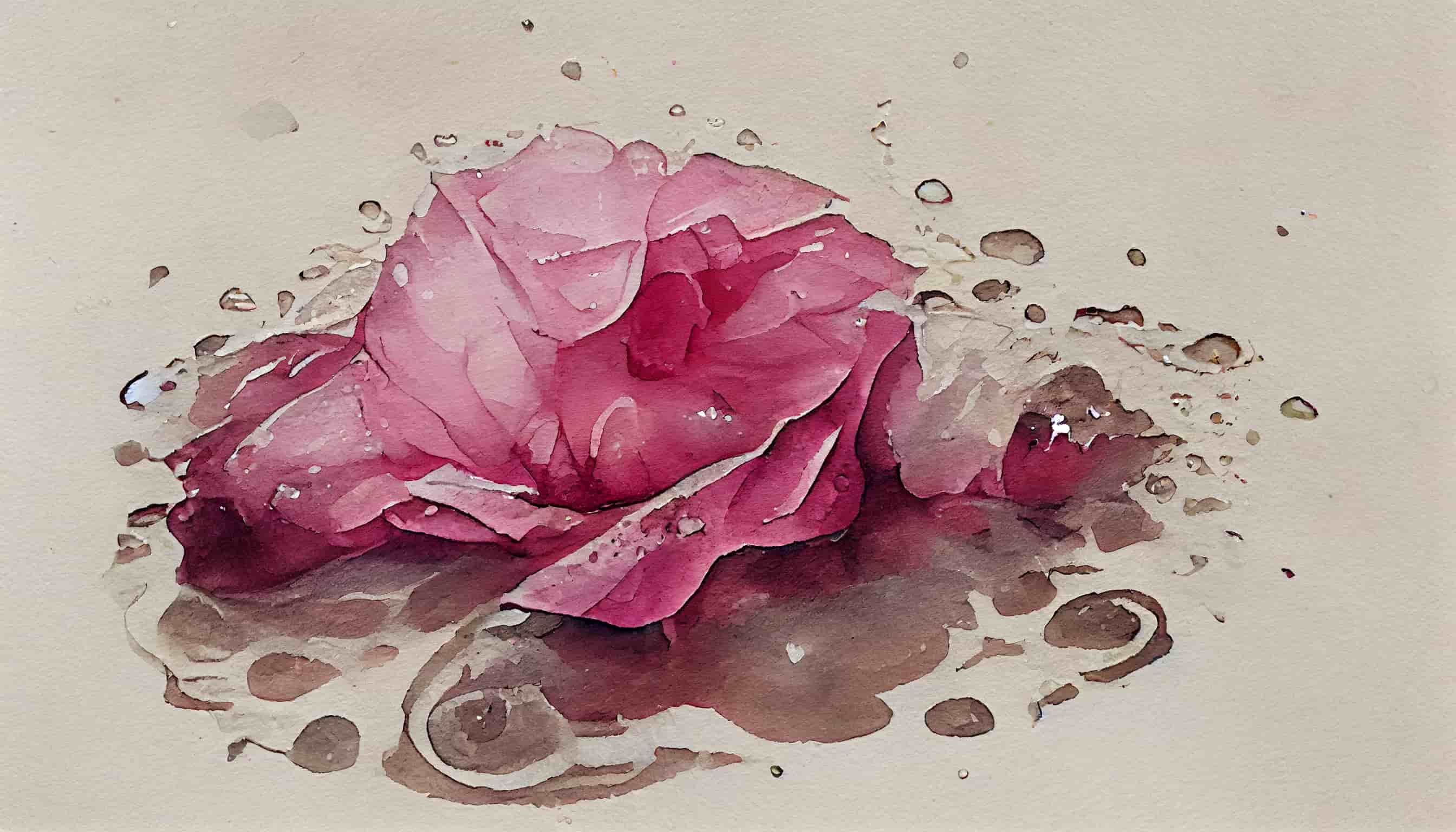 watercolor of a pink rose with drops of water fallen to the floor