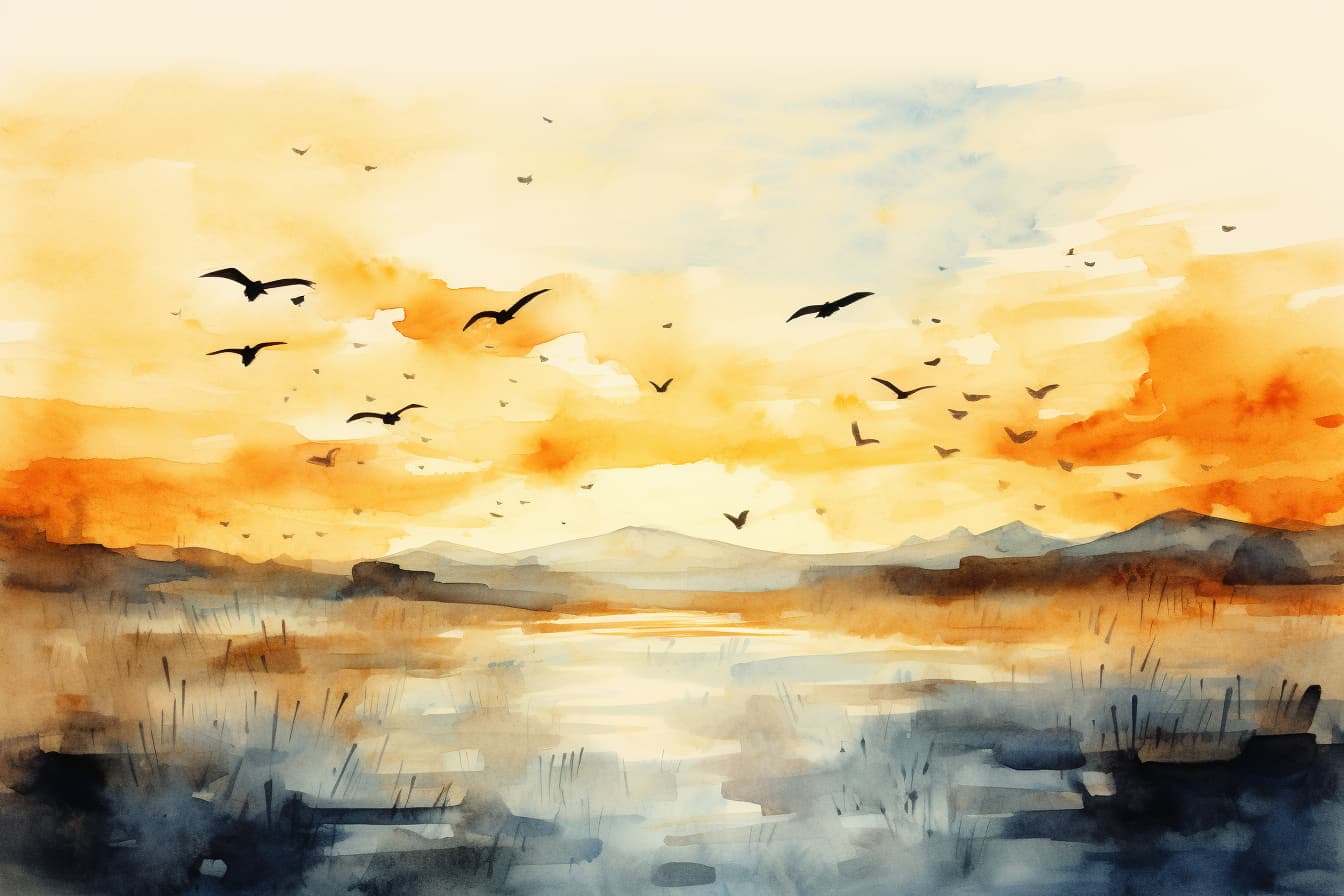 abstract watercolor illustration of the silhouettes of a few birds flying over a barren field