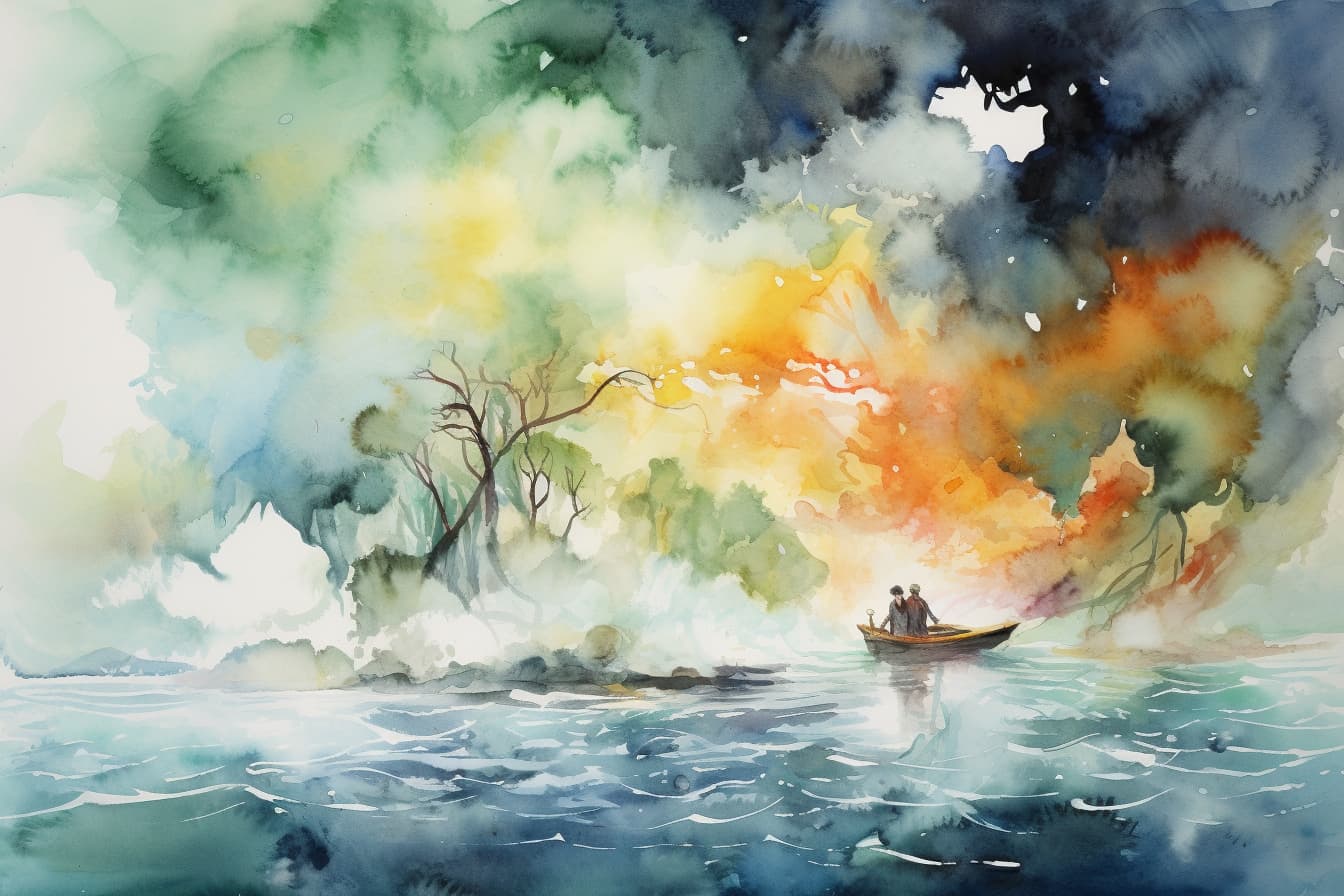 abstract watercolor illustration of a small boat amidst a storm