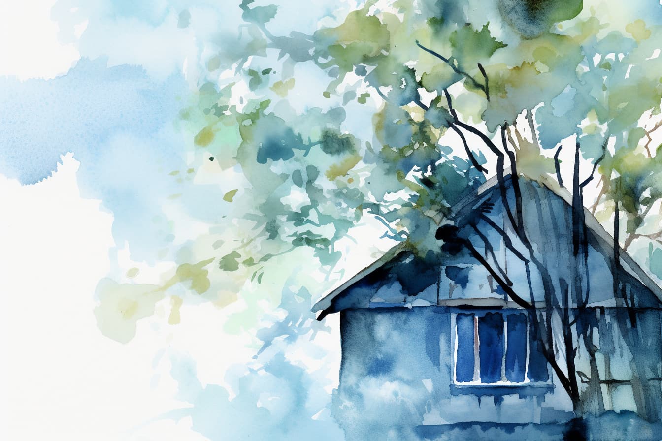 the side of a blue house and a tree next to it