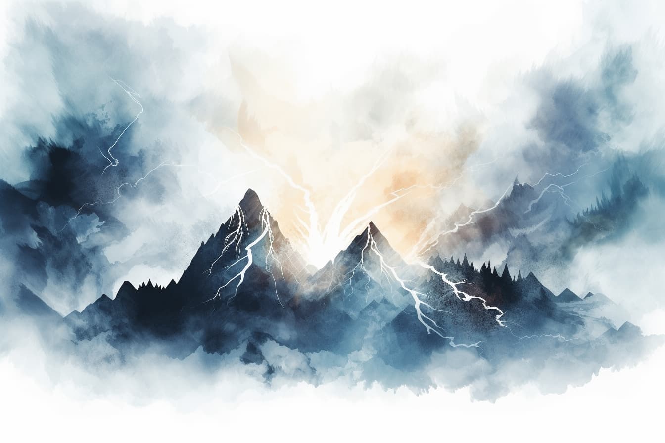 abstract watercolor illustration of a silhouette of mountains with lightning 