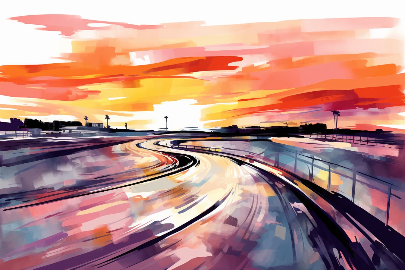 abstract watercolor illustration of a race track at dawn