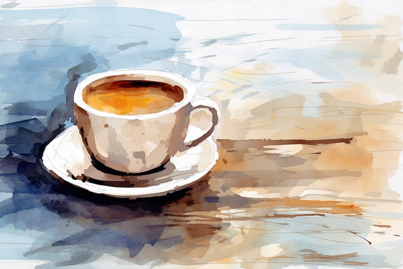 abstract watercolor illustration of an empty forlorn coffee cup on a table