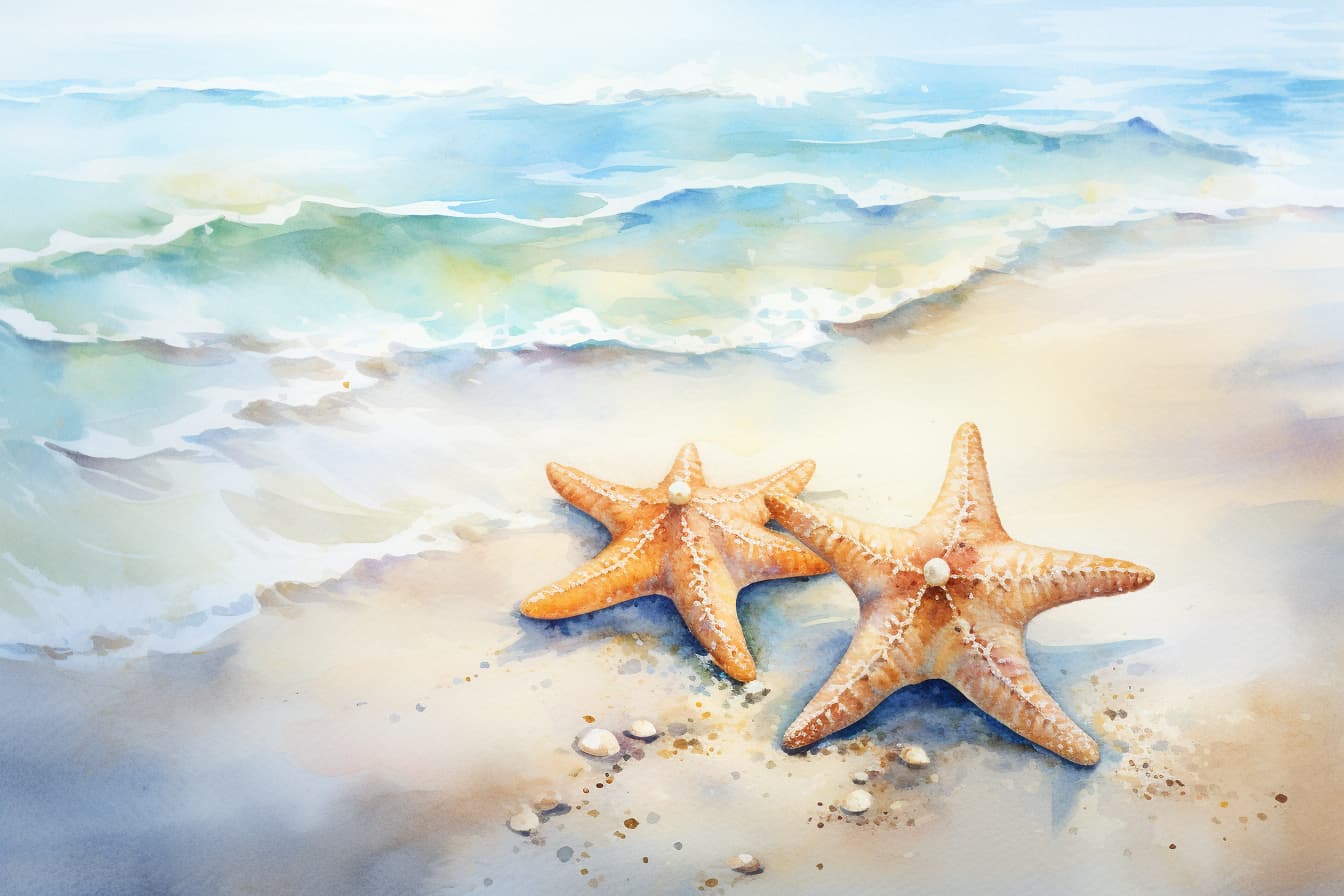 abstract watercolor illustration of two starfish lying on a peaceful beach