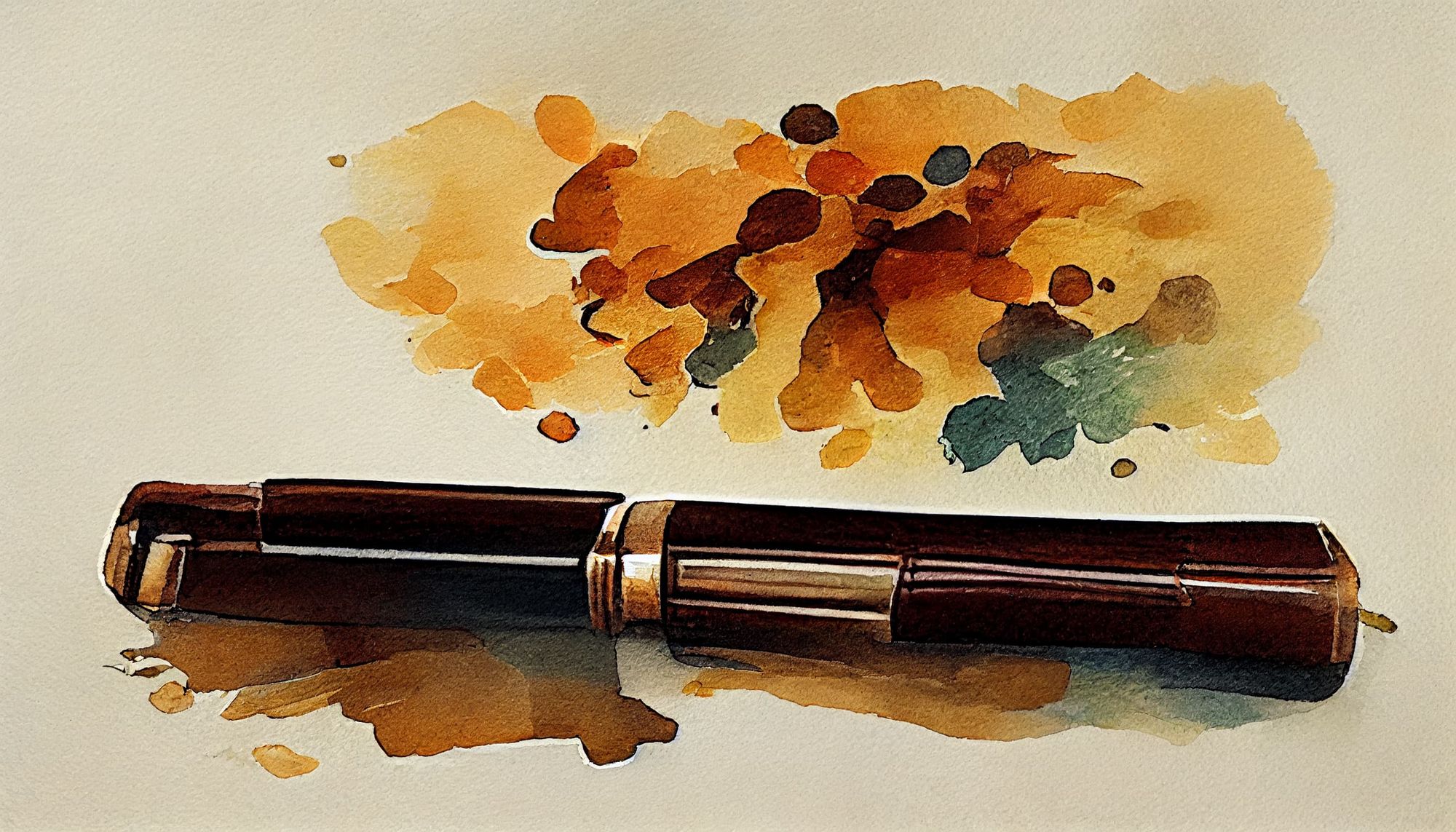 watercolor of a fountain pen on a brown desk