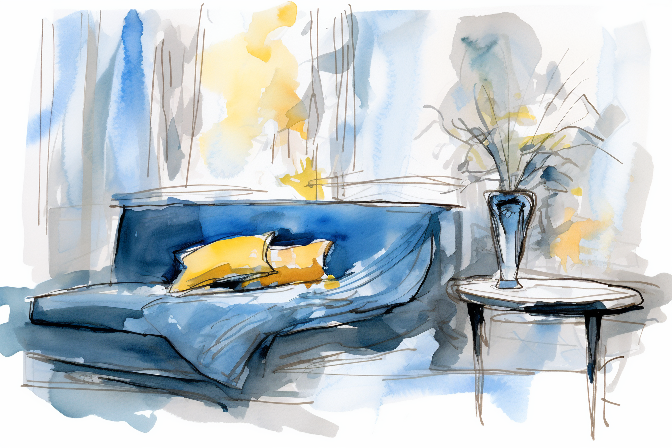 abstact watercolor illustration of a cozy blanket thrown over a blue couch