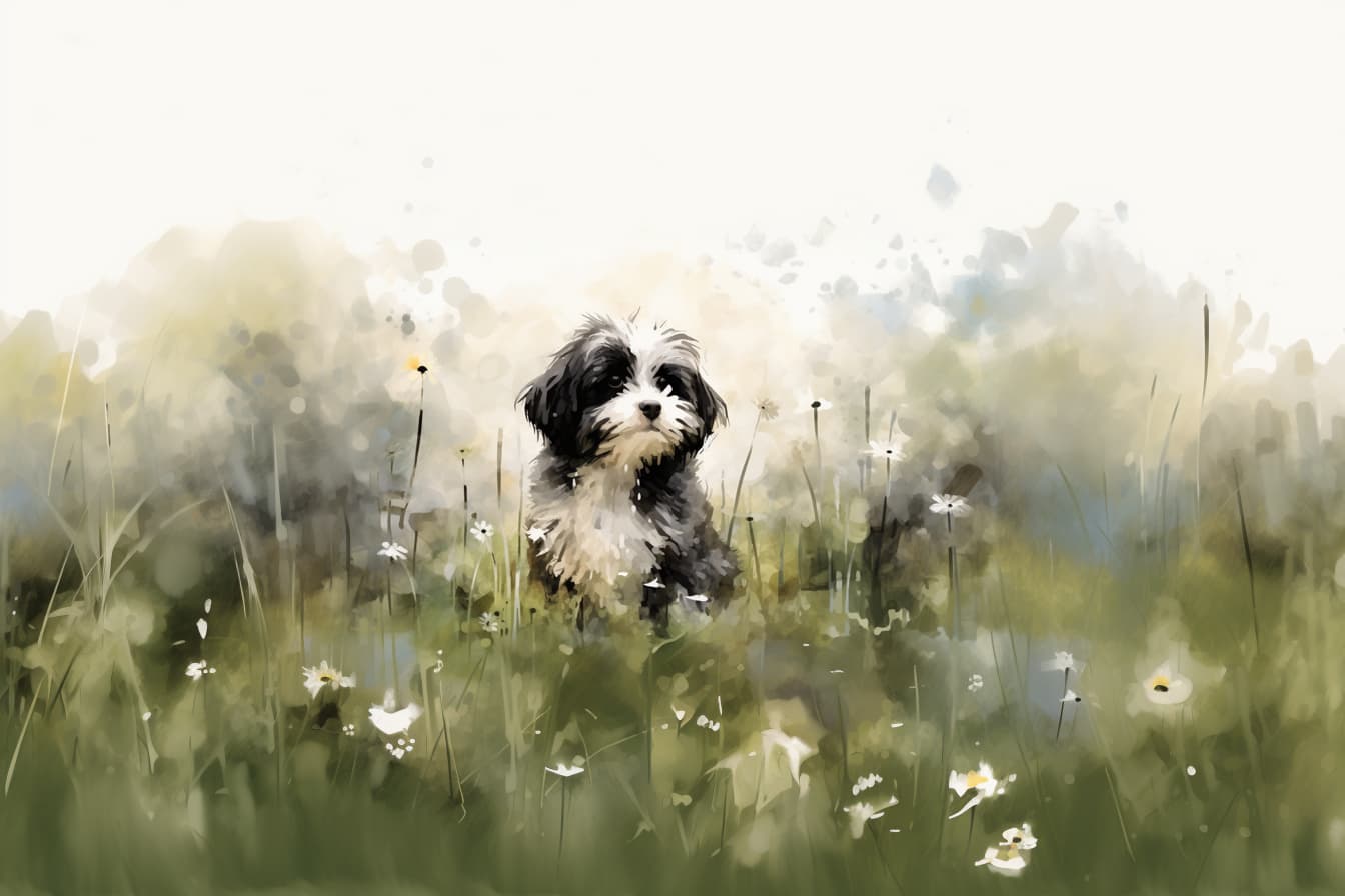 watercolor illustration of a black and white Havanese puppy in a field