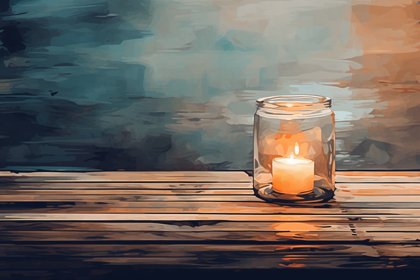 abstract watercolor illustration of a solitary candle in a jar on a wooden table