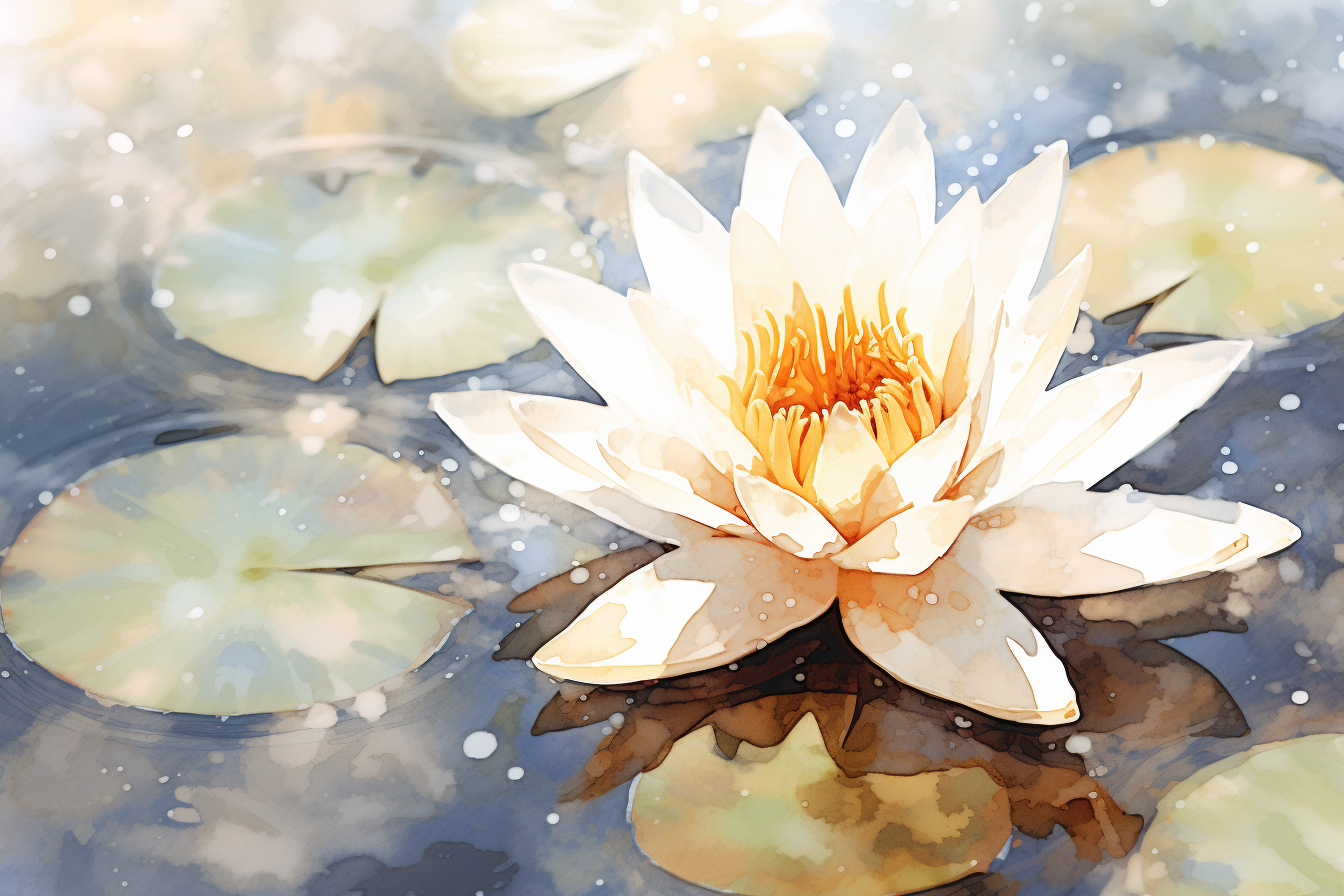 abstract watercolor illustration of a white water lily in a pond