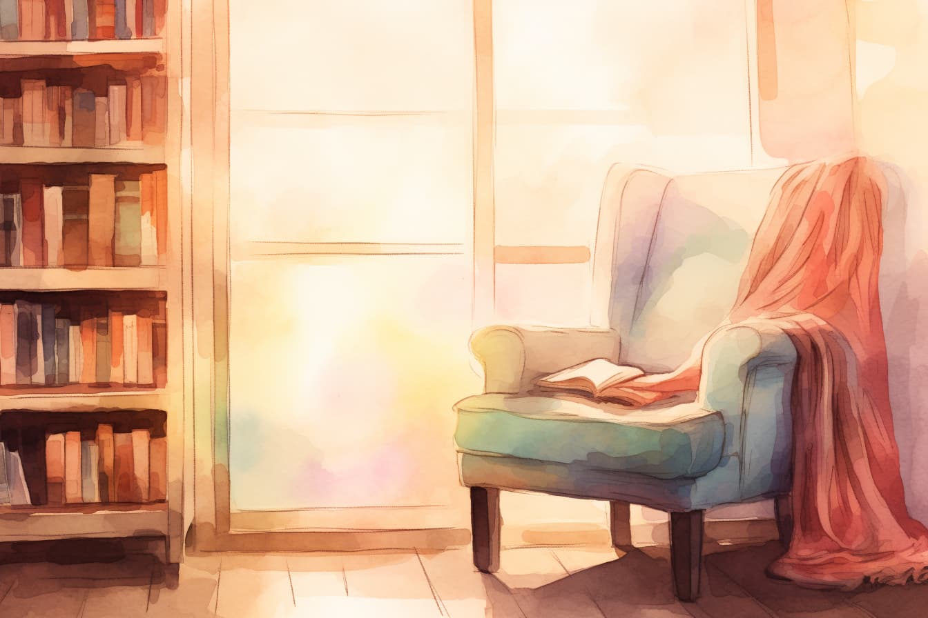 abstract watercolor illustration of a cozy corner of a room with an overstuffed reading chair and bookshelves