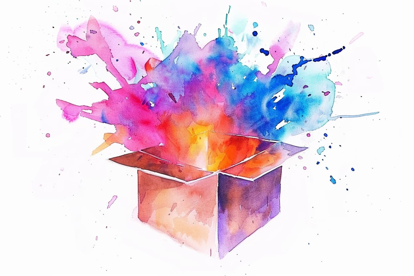an abstract watercolor illustration cardboard box filled with imagination
