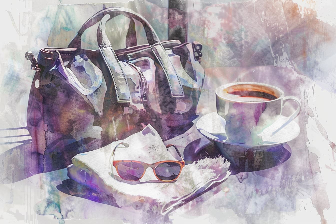 abstract watercolor illustration a bag with glasses, a cup of coffee and sunglasses