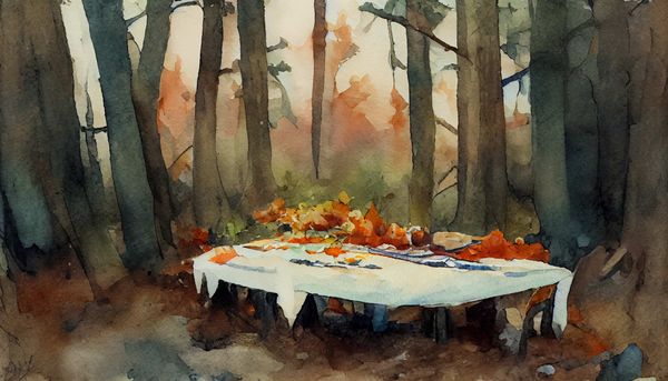 watercolor a lonely thanksgiving table in the middle of a forest