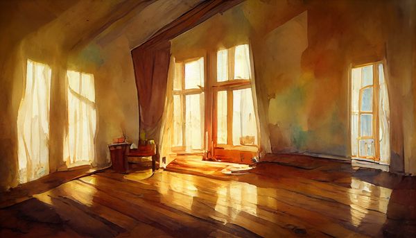 watercolor of a room with brown walls and a hardwood floor no furniture a window with sunshine flowing in