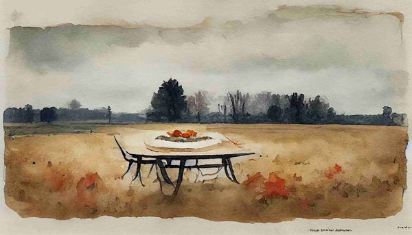 watercolor a sad empty thanksgiving table alone in a field on a cloudy day