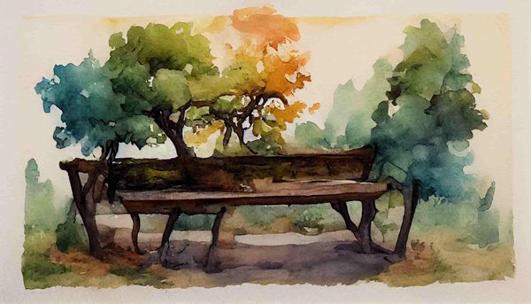 watercolor a small bench under a large tree