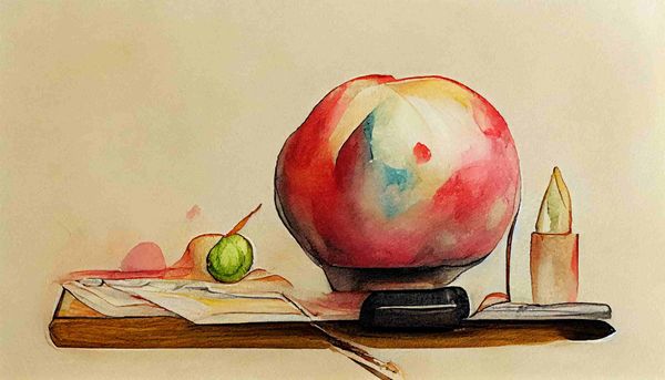 watercolor an apple and a pencil on a desk