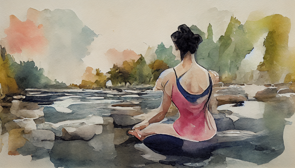 watercolor painting of a woman doing yoga in front of a calming river
